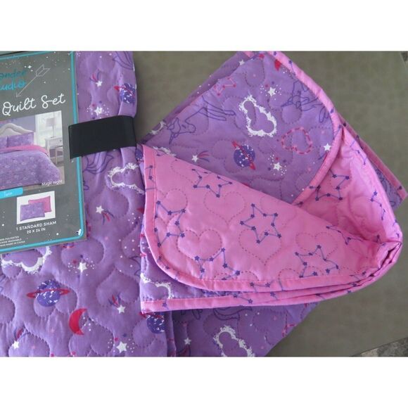 Wonder Studio "Magic Night" Unicorn Purple & Pink 2 pc. Twin Bed Quilt Set $140+ - Picture 2 of 8
